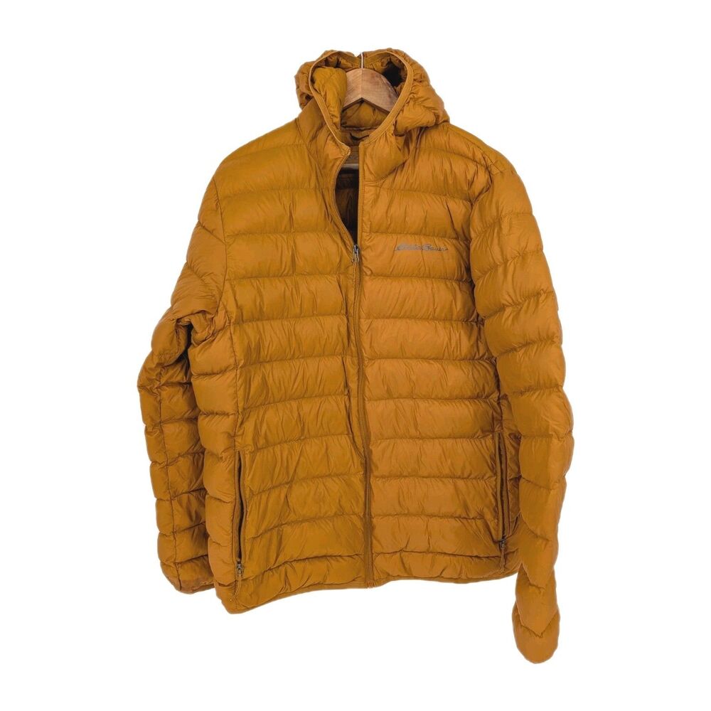 Eddie Bauer Down Puffer Jacket Mens Large Hooded EB650 Mustard Yellow Puffy